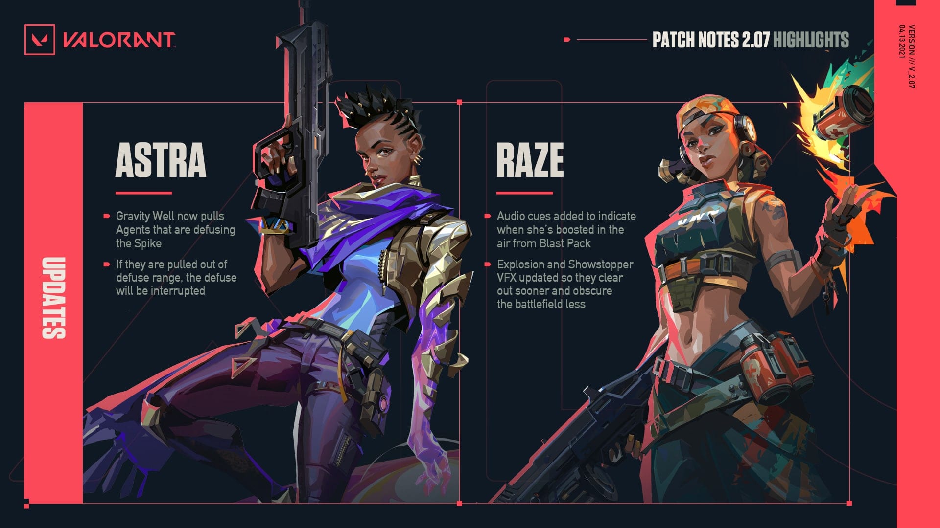 VALORANT Patch 2.07 Astra and Raze with weapons in hand