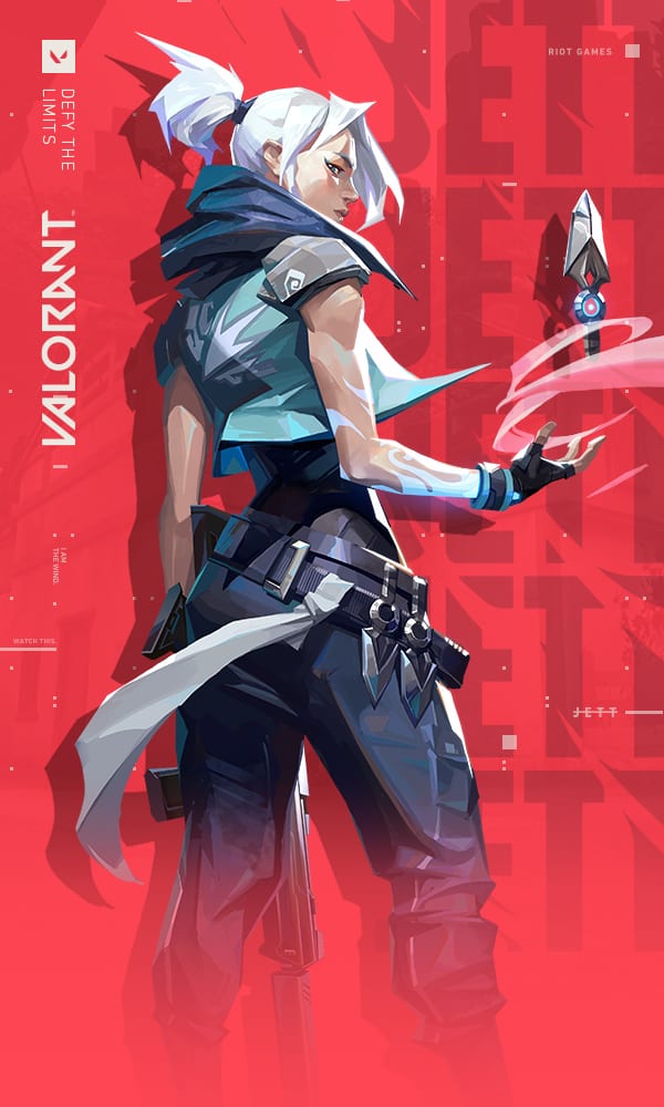 Jett twirls her knife in the air, to represent Jett diff in a Riot Games promotional image