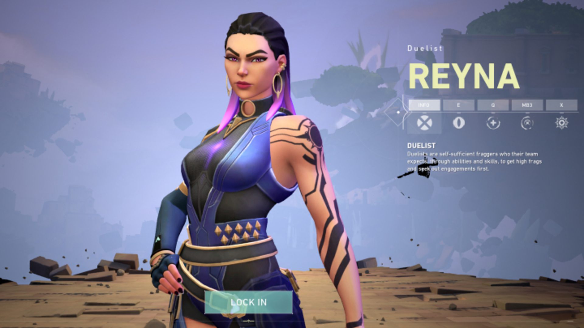 Reyna lock in screen for VALORANT featuring all of her abilities.