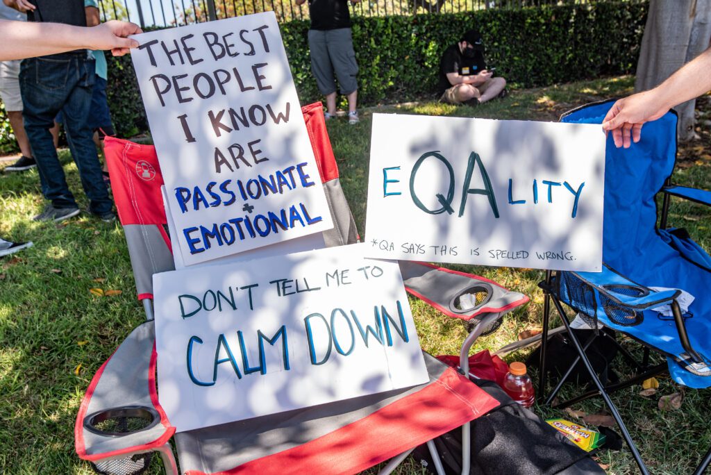 Signs at the Activision Blizzard walkout on July 28