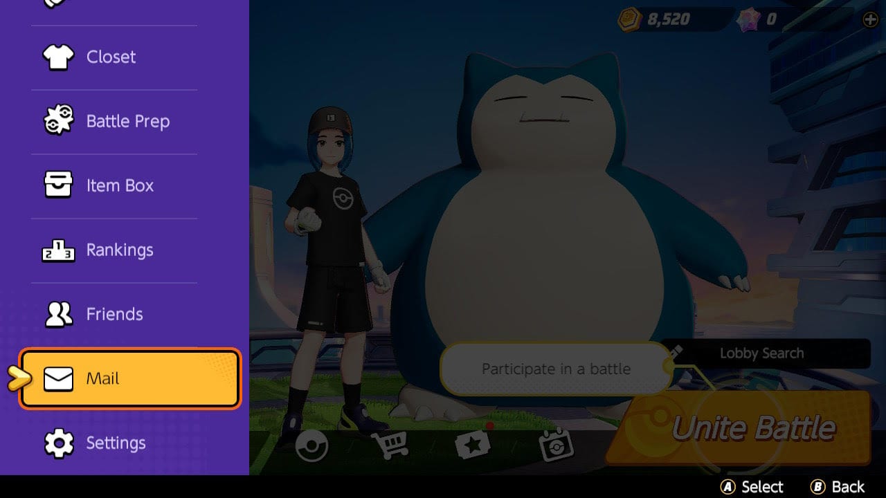 Pokémon UNITE main menu.