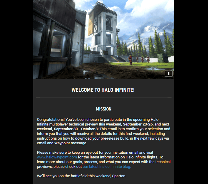 Halo Infinite multiplayer technical preview email