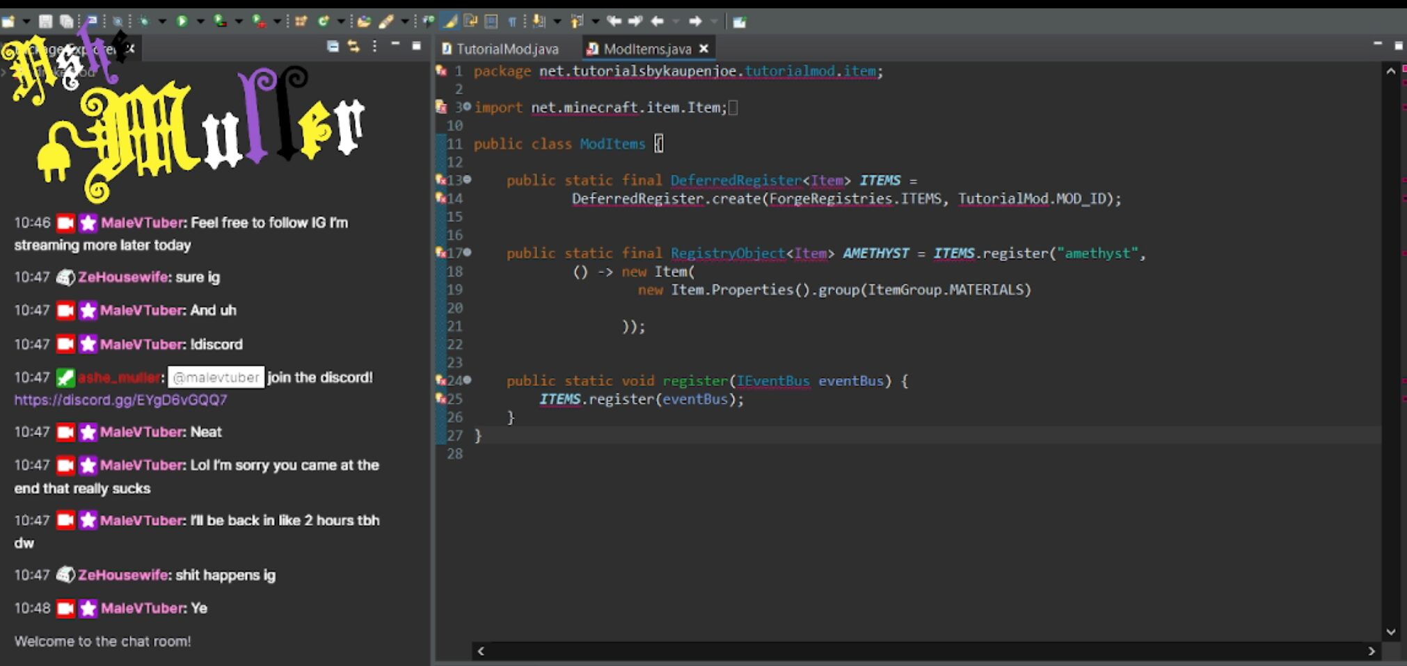 Screenshot of Ashe Muller's stream where he's working on coding on stream