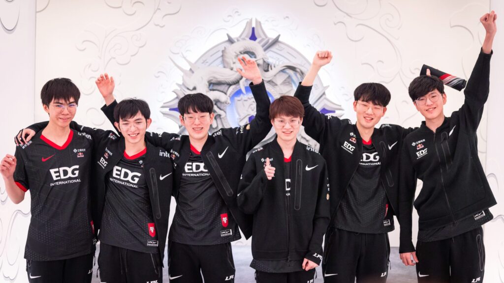 EDG cheering after a quarterfinals victory over RNG at Worlds 2021