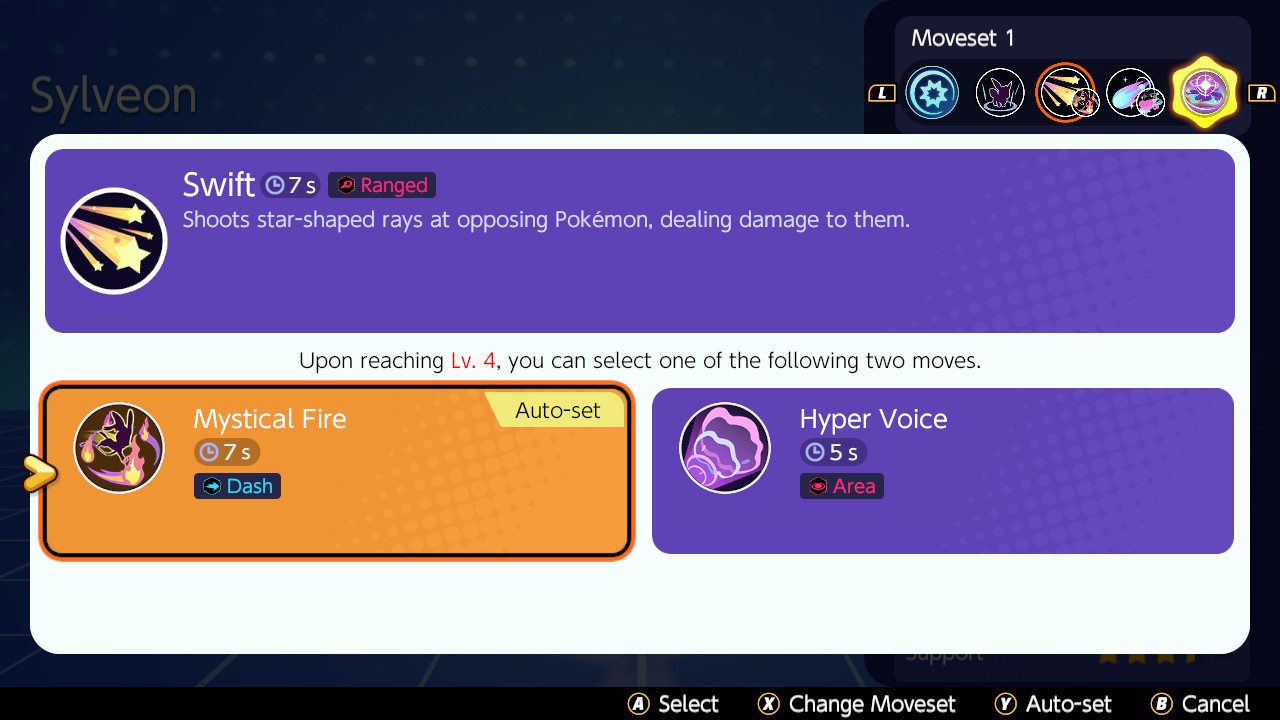 Screenshot of Sylveon's Swift move in Pokémon Unite