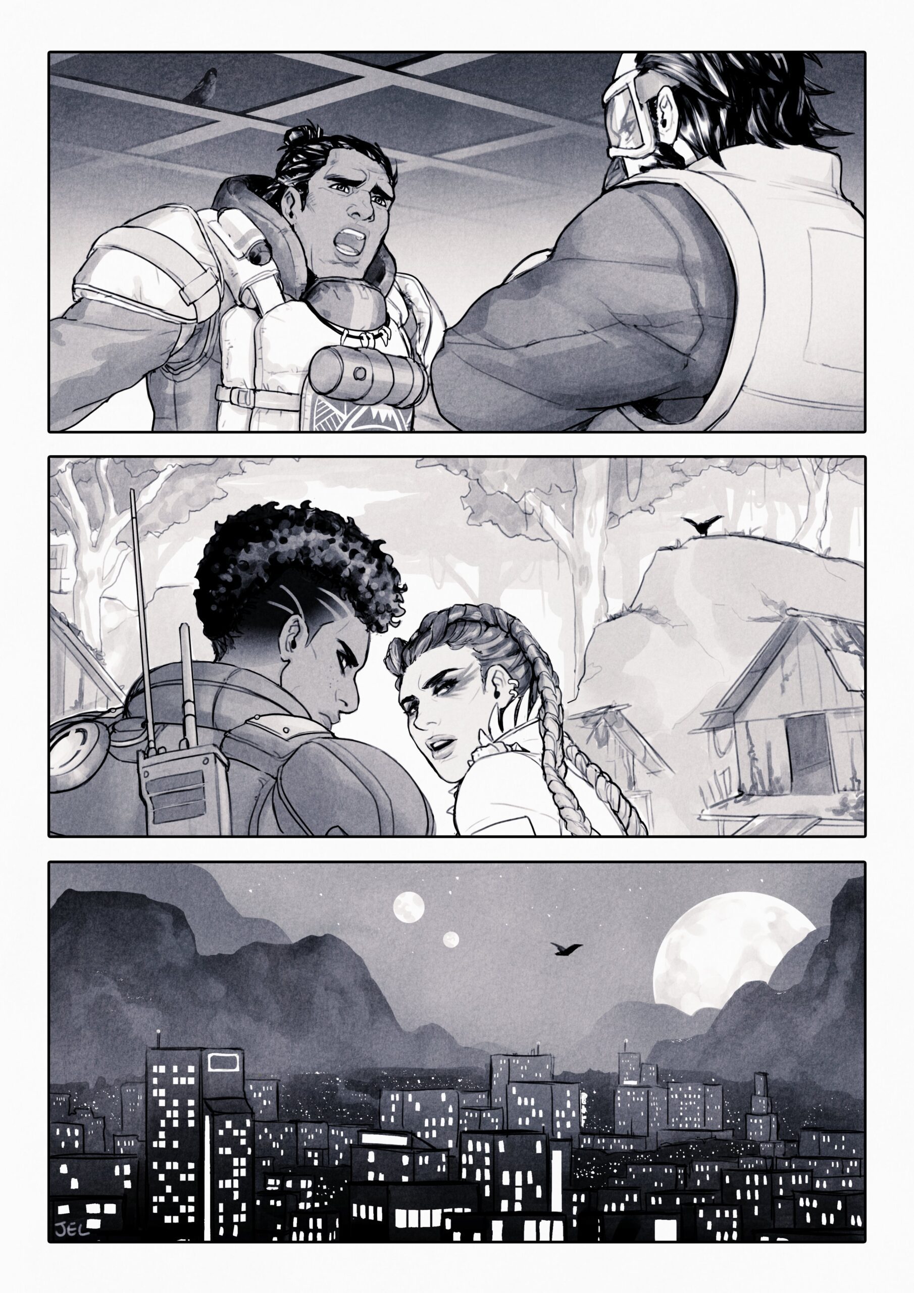 The first panel of JEL's collaboration on the Broken Ghost comic