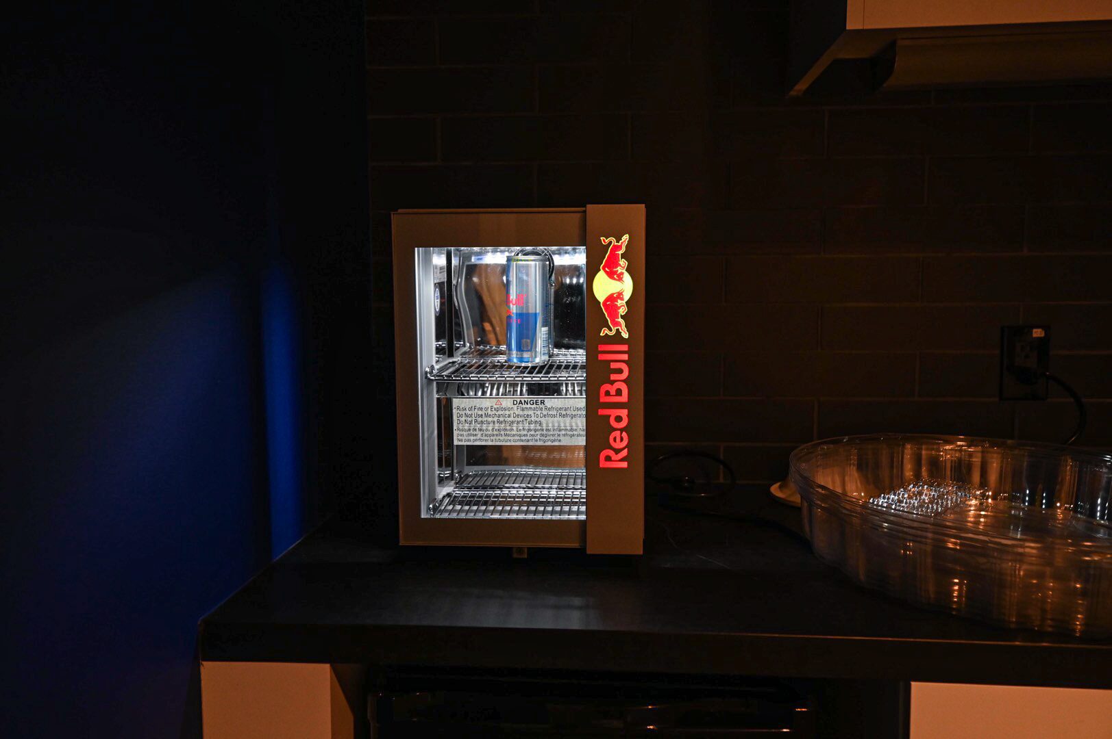 An empty Red Bull fridge at the LCS during Worlds 2021