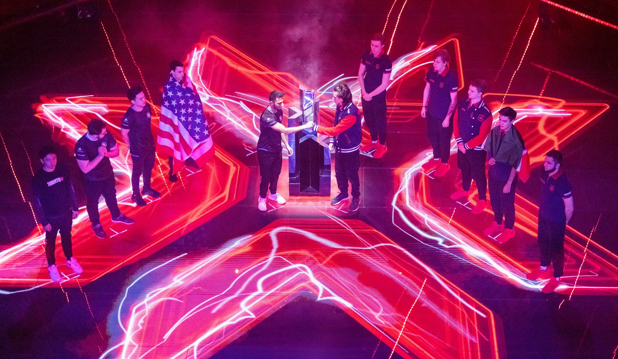Team Envy (L) and Gambit Esports make an entrance during the opening ceremony at the VCT Masters Grand Finals
