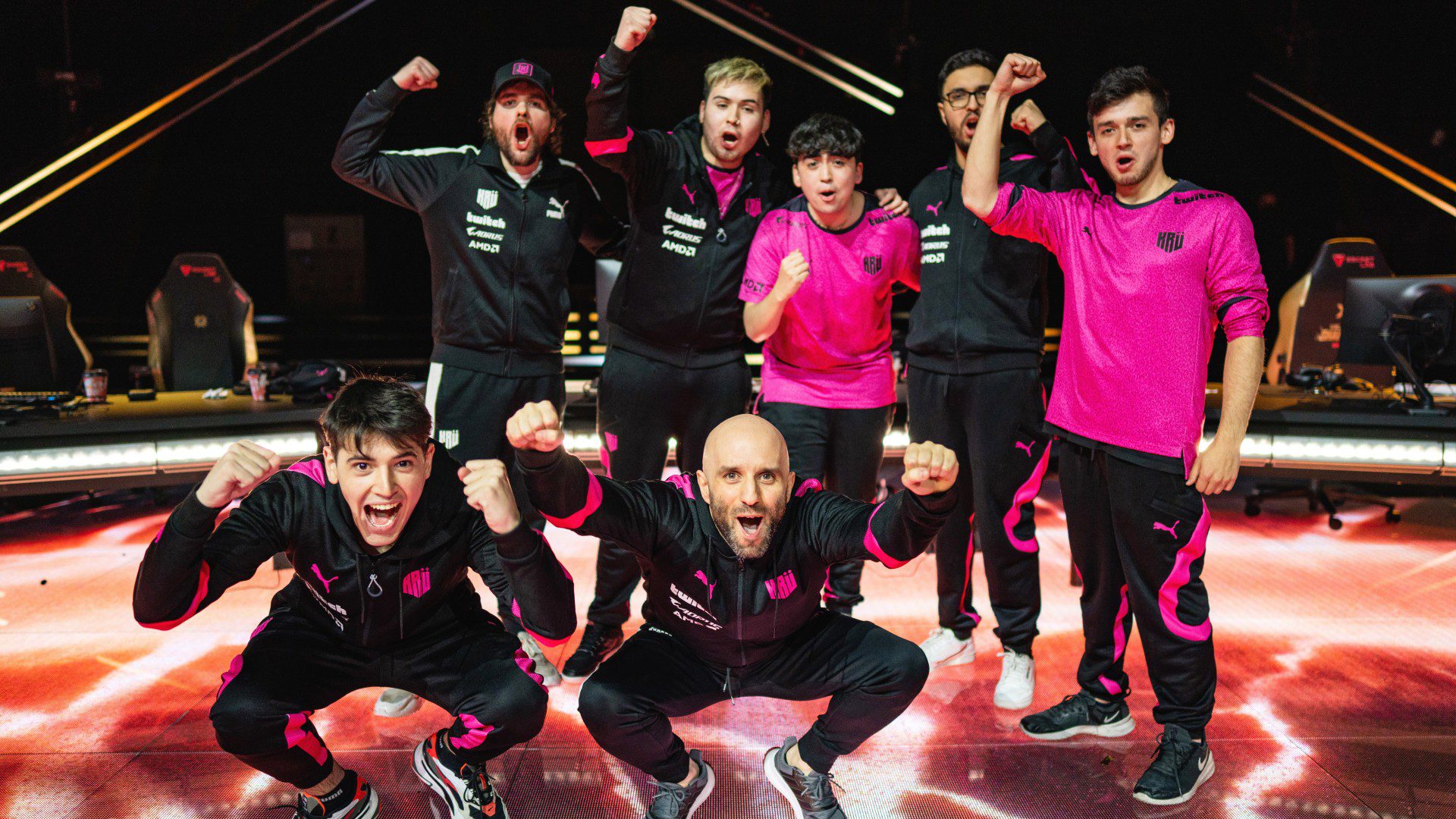 KRU Esports poses on stage after a victory match at the VALORANT Champions
