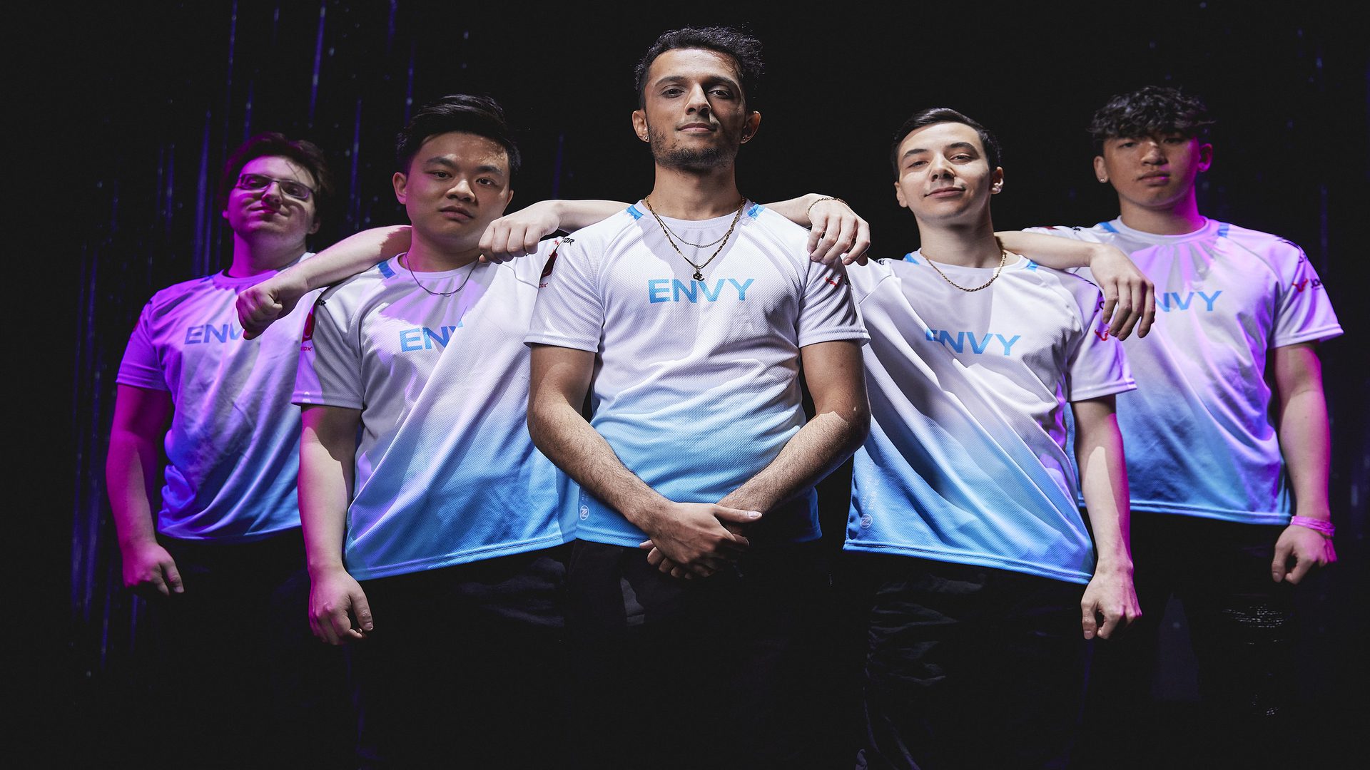 Team Envy poses at the VALORANT Champions Features Day on November 29 in their blue and white VCT Champions jerseys