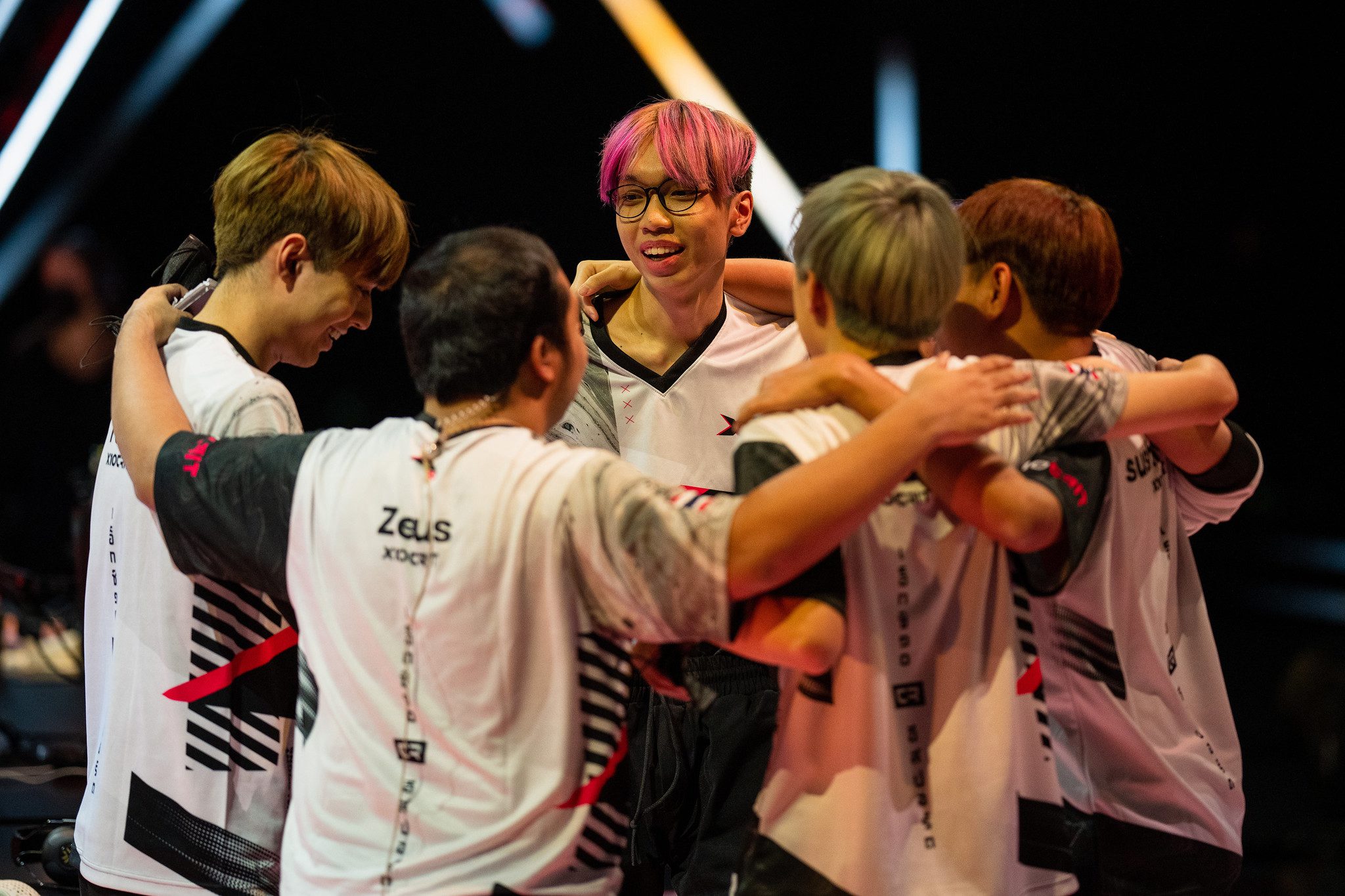 POTSDAM, GERMANY - DECEMBER 6: X10C Esports form a group huddle after a victory match at the VALORANT Champions Groups Stage on December 6, 2021 in Potsdam, Germany