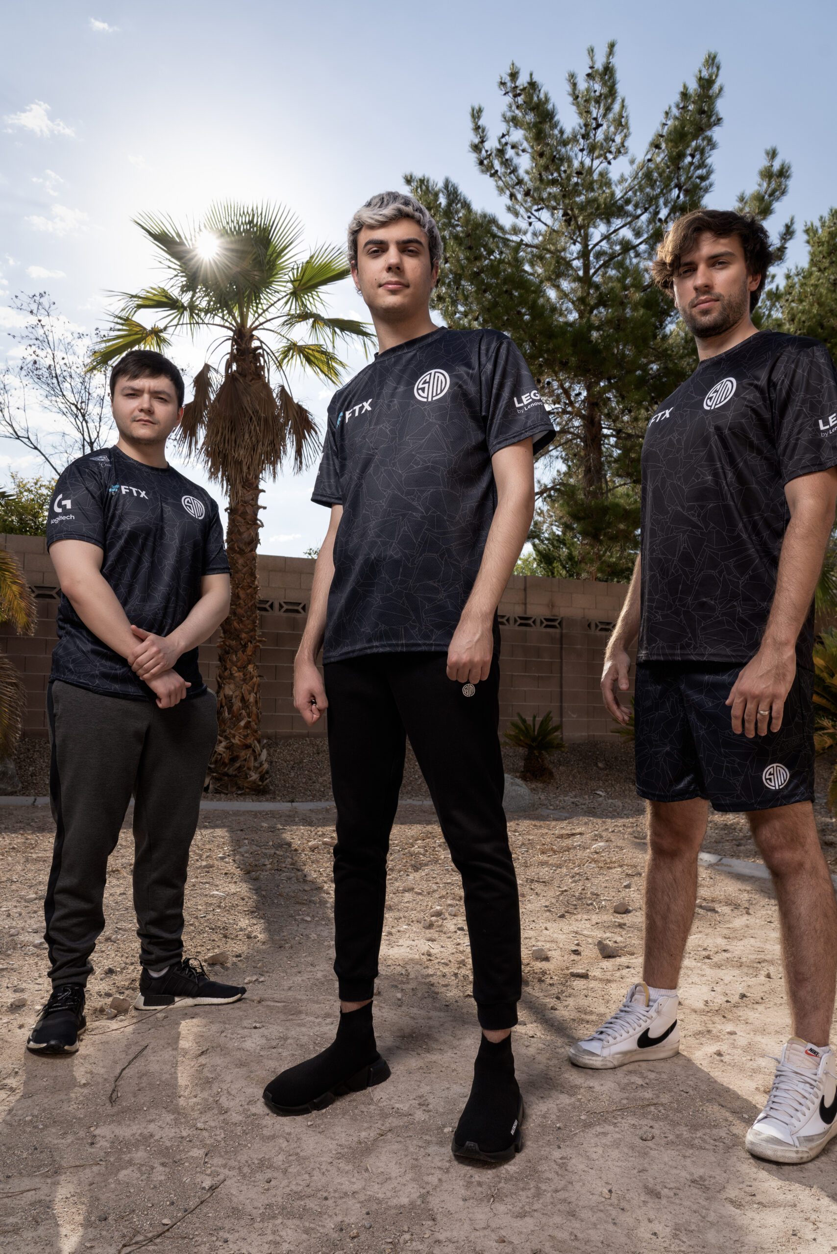 Reps (left), ImperialHal (center) and Snip3down (right) posing outdoors in their TSM ALGS jerseys