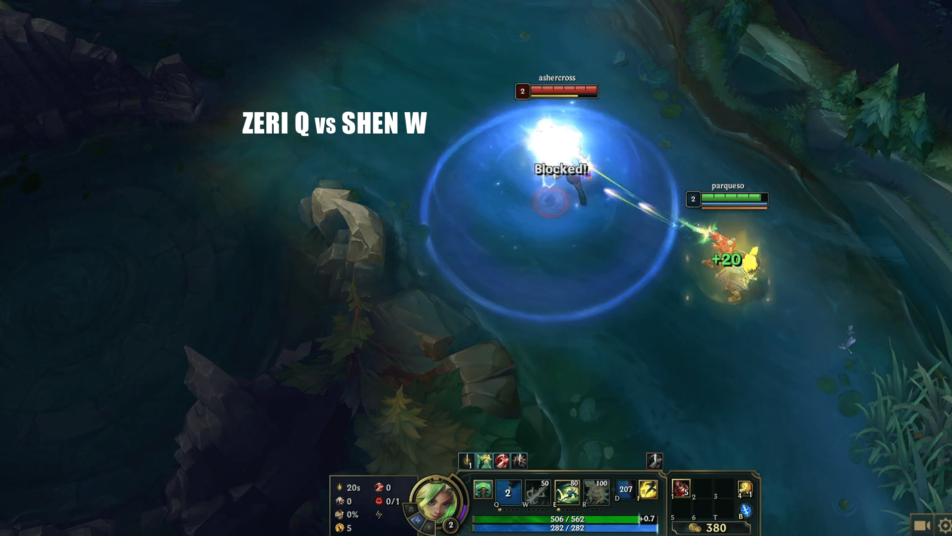 Zeri can't damage Shen in his W