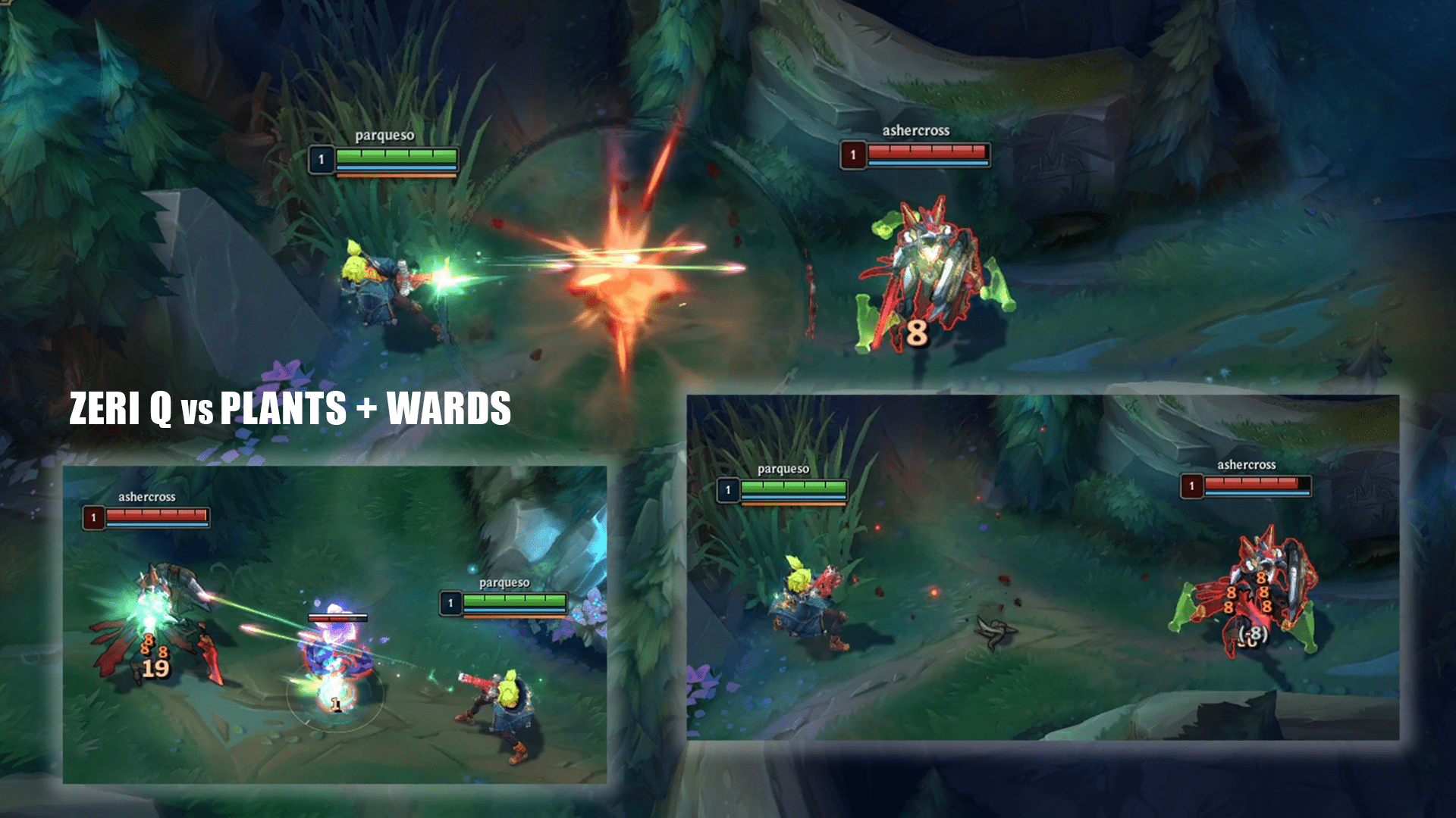 Zeri hitting a blast cone and damaging a champion