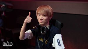 Team Unite's Ftyan giving a thumb's up after winning a match at the ALGS Split 2 playoffs