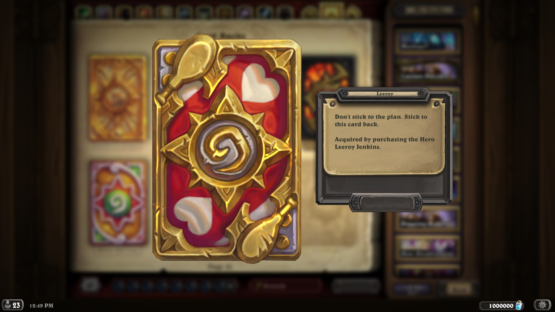 The Leeroy card back is red and gold, featuring two drumsticks and hearts.