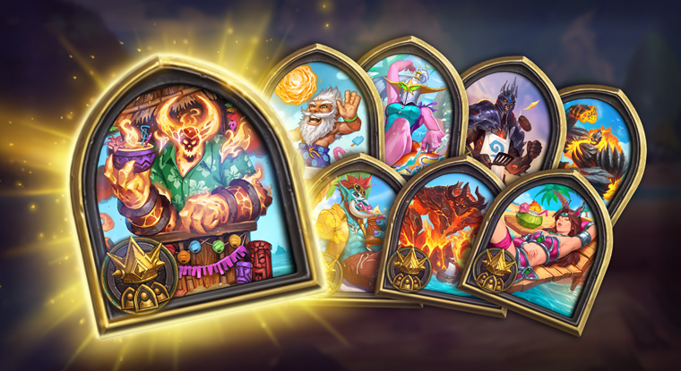 Image of the Hearthstone Battlegrounds Bundle: Beach Party bundle from 2021. It features Tikilord Ragnaros as an alternate bartender and seven hero portraits. 