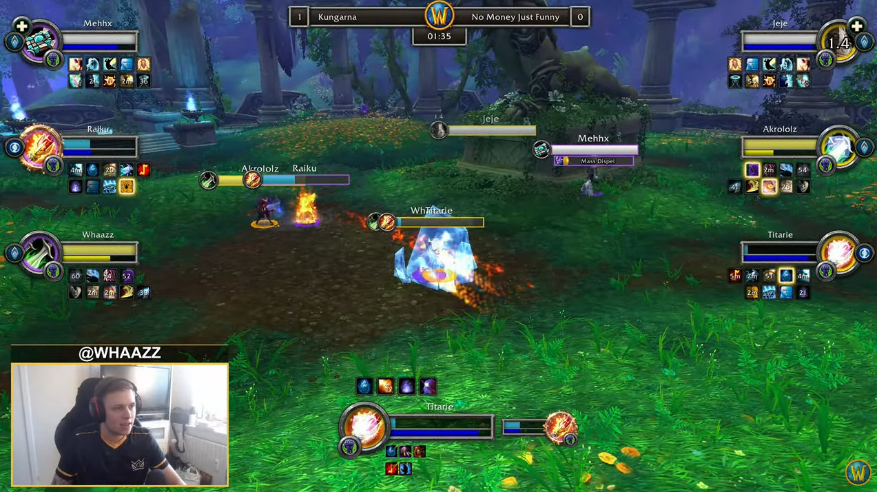 Kungarna versus No Money Just Funny during the WoW AWC Circuit in the Ashamane's Fall map. The latter team's Mage used Ice Block while Kungarna’s Priest cast Mass Dispel to secure their victory.