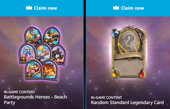 Images of the even Hearthstone Battlegrounds beach party hero skins bundle and a random Standard Legendary card located next to each other. There is a "Claim now" button above each graphic. 