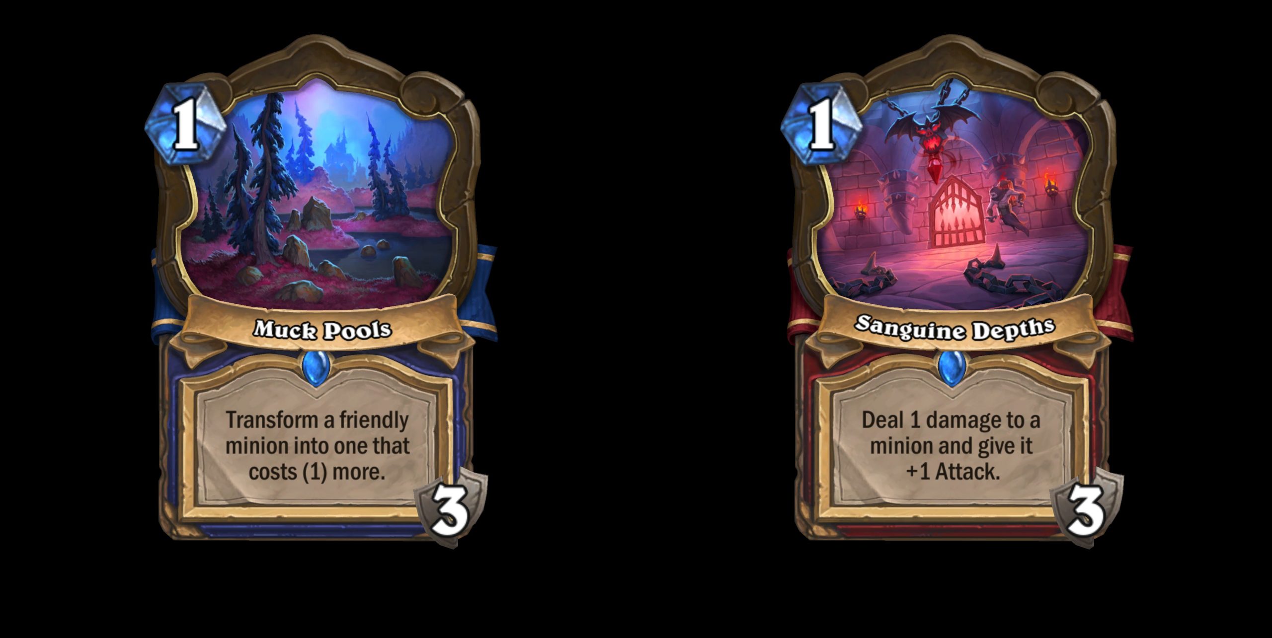 Muck Pools and Sanguine Depths Hearthstone Location cards from the Murder at Castle Nathria expansion