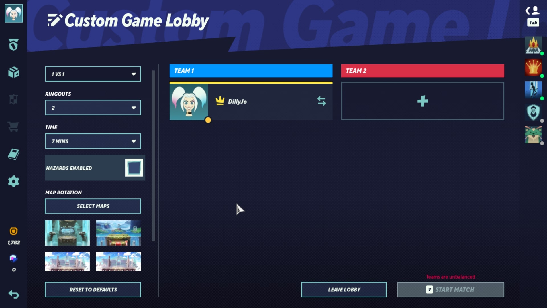 The online Custom Game Lobby in MultiVersus